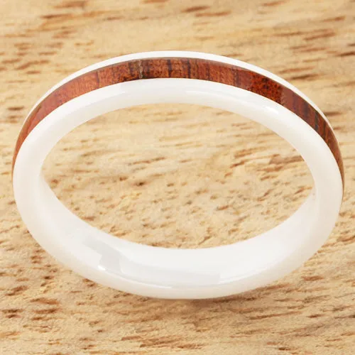 4mm Natural Hawaiian Koa Wood Inlaid High Tech White Ceramic Barrel Wedding Ring