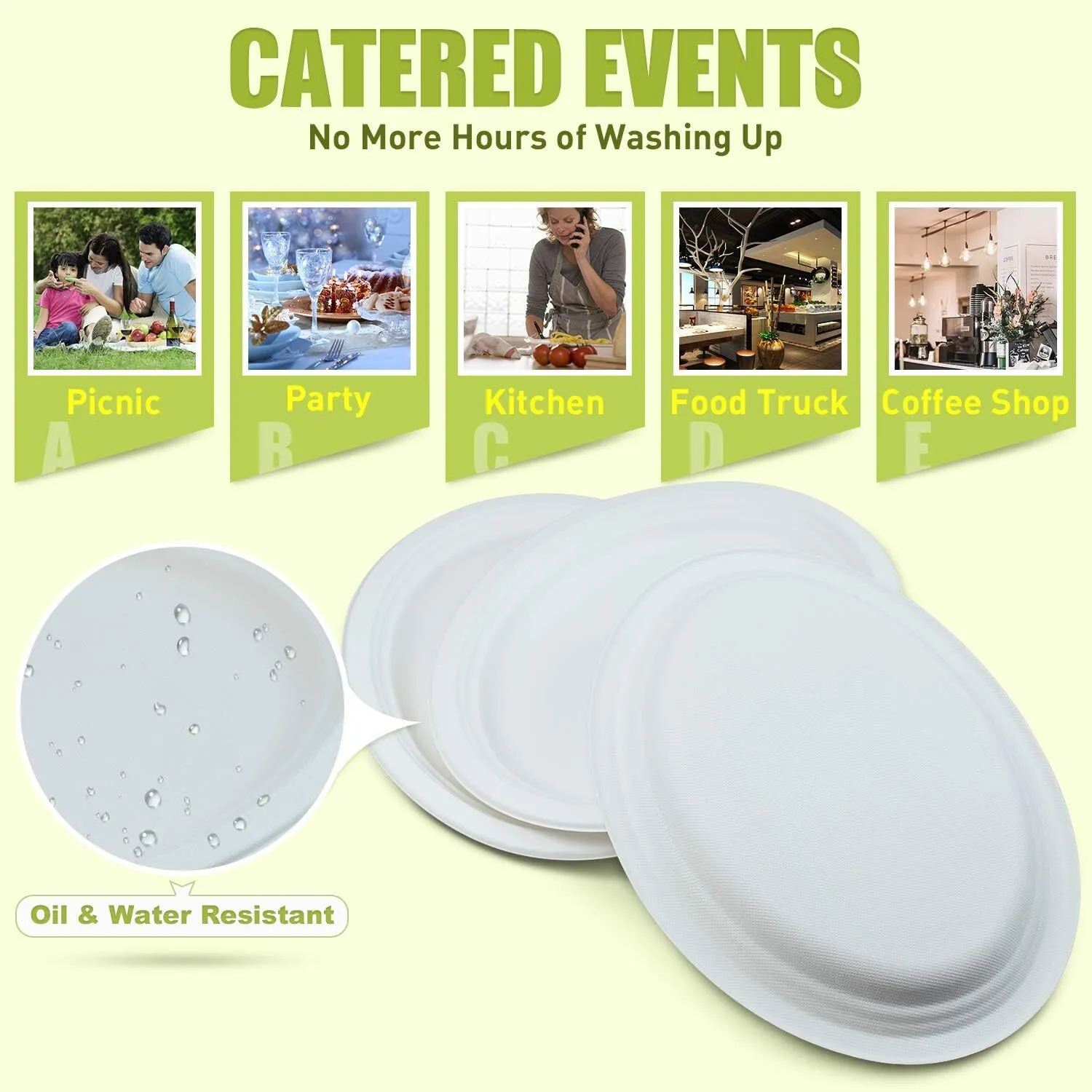 600pcs Disposable Sugarcane Bagasse Oval Plates - 26cm x 20cm - Bulk (12 packs of 50)