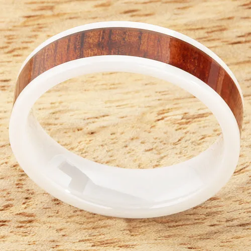 6mm Natural Hawaiian Koa Wood Inlaid High Tech White Ceramic Flat Wedding Ring