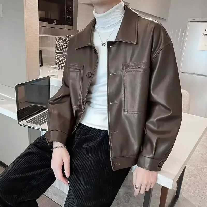 American Style Bomber Jacket For Men Trendy Autumn Leather High Street Style Casual Coastal Fashion Pu Leather Jacket
