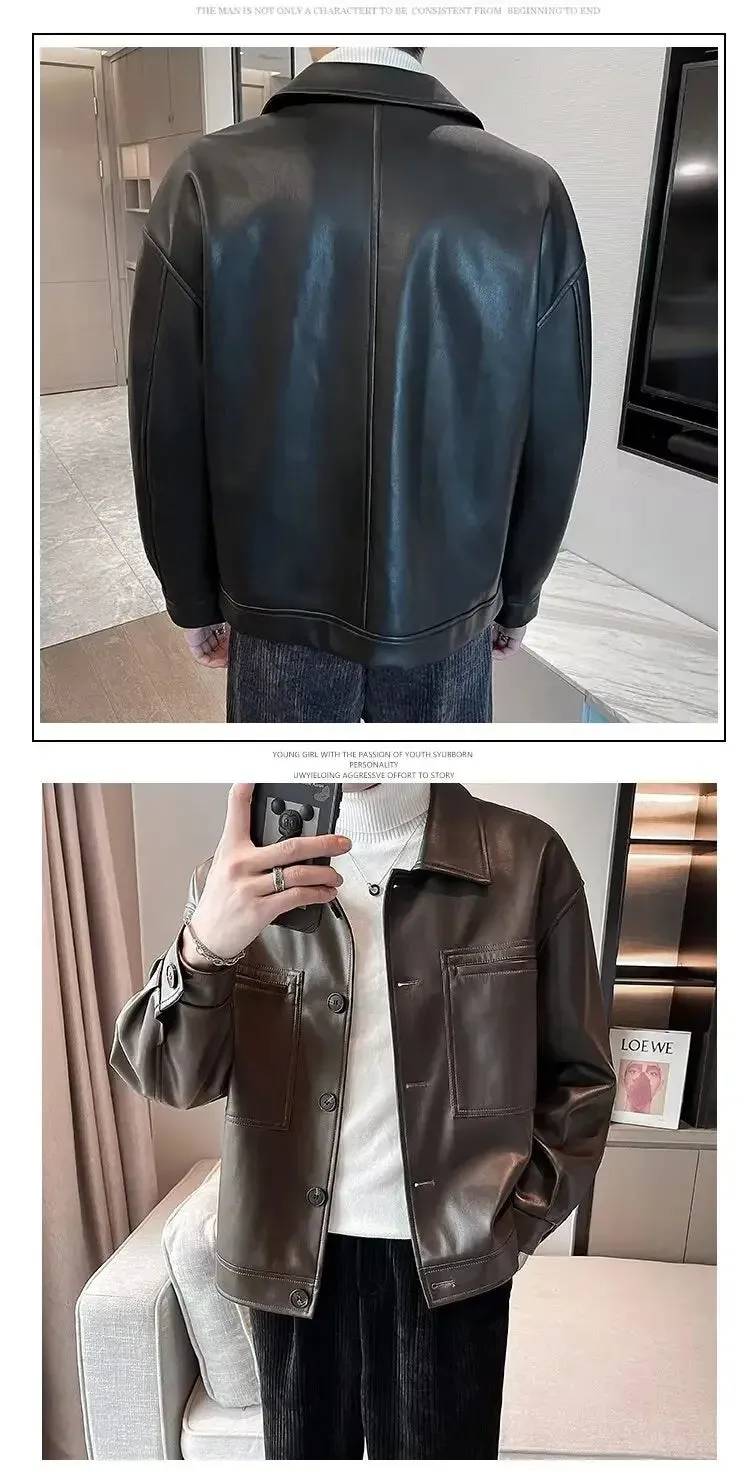American Style Bomber Jacket For Men Trendy Autumn Leather High Street Style Casual Coastal Fashion Pu Leather Jacket