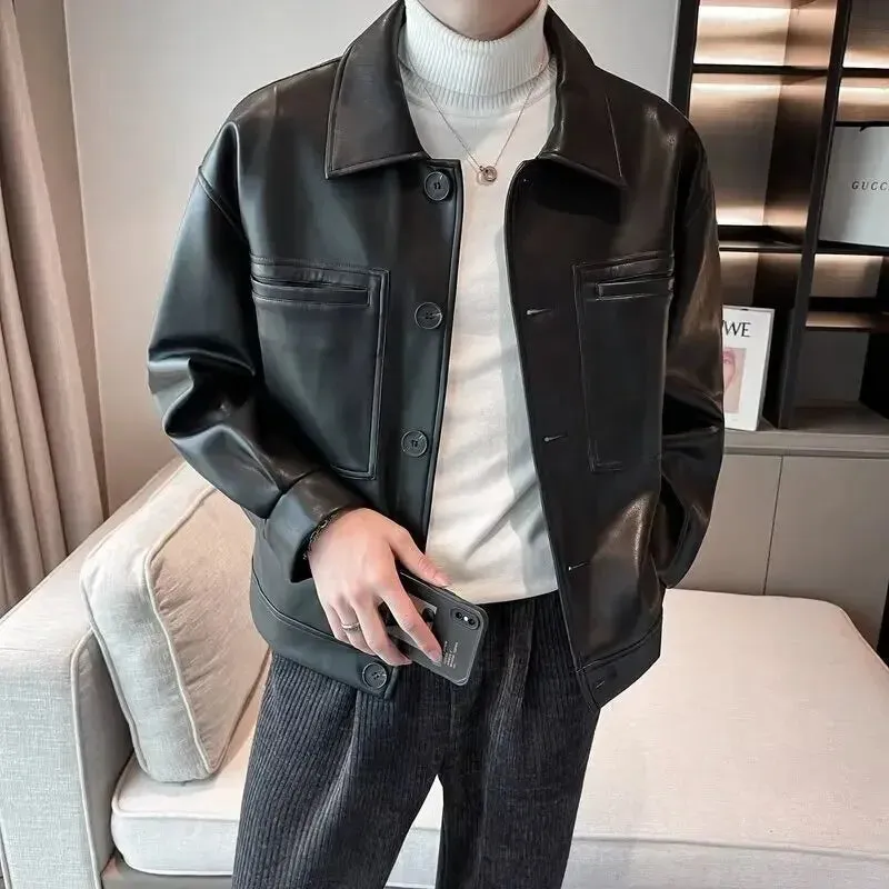 American Style Bomber Jacket For Men Trendy Autumn Leather High Street Style Casual Coastal Fashion Pu Leather Jacket
