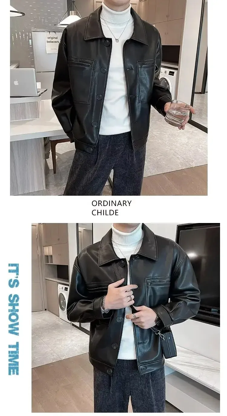 American Style Bomber Jacket For Men Trendy Autumn Leather High Street Style Casual Coastal Fashion Pu Leather Jacket