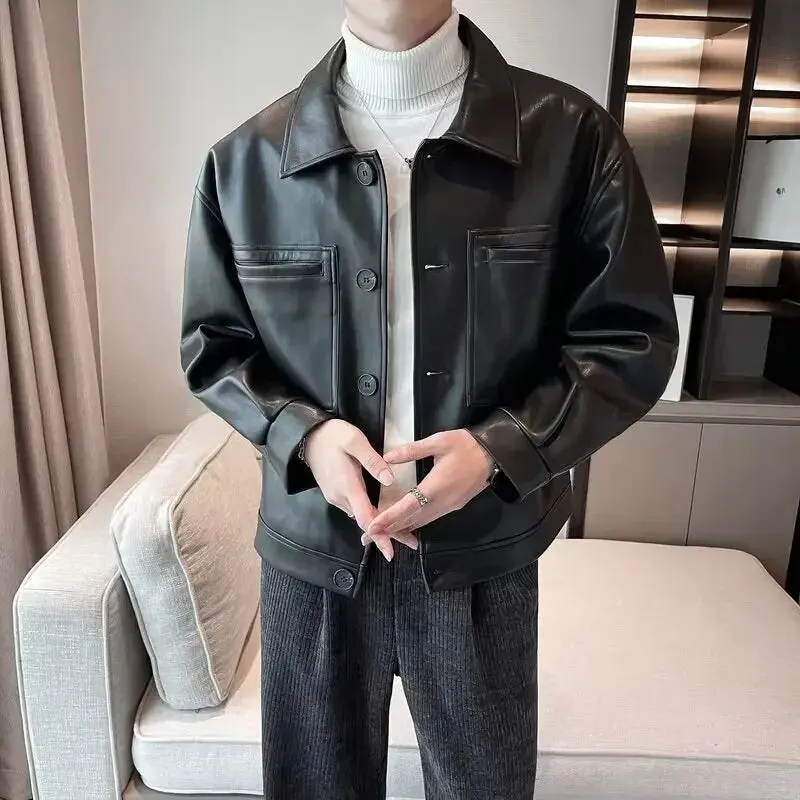 American Style Bomber Jacket For Men Trendy Autumn Leather High Street Style Casual Coastal Fashion Pu Leather Jacket