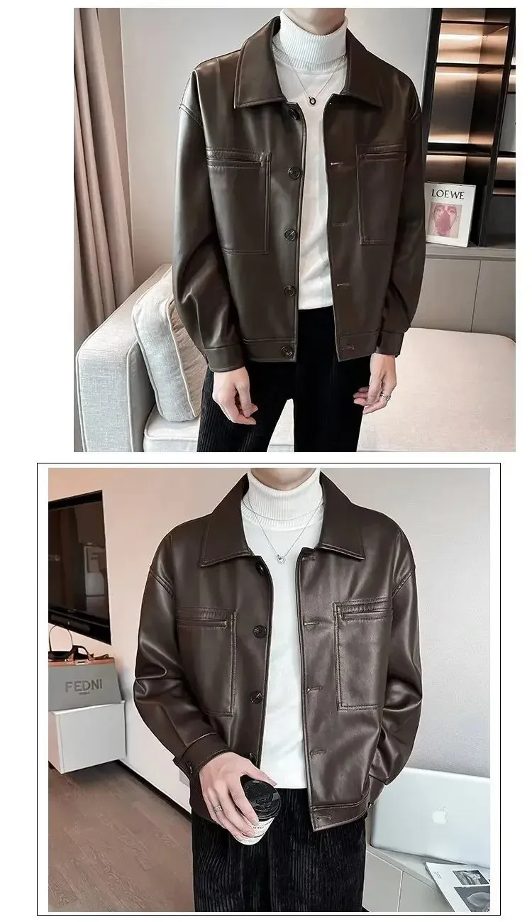 American Style Bomber Jacket For Men Trendy Autumn Leather High Street Style Casual Coastal Fashion Pu Leather Jacket