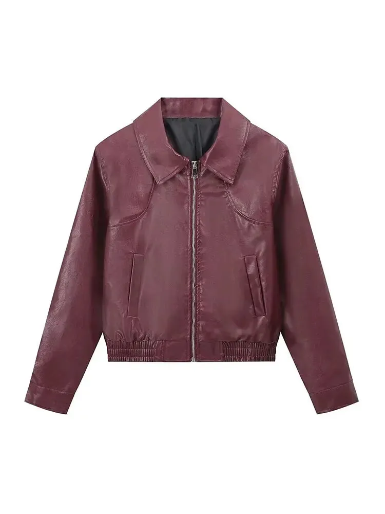 Autumn Woman Leather Jacket Long Sleeves Lapel Loose Zipper Short Bomber Jacket Female Pockets Vintage Women's Coat