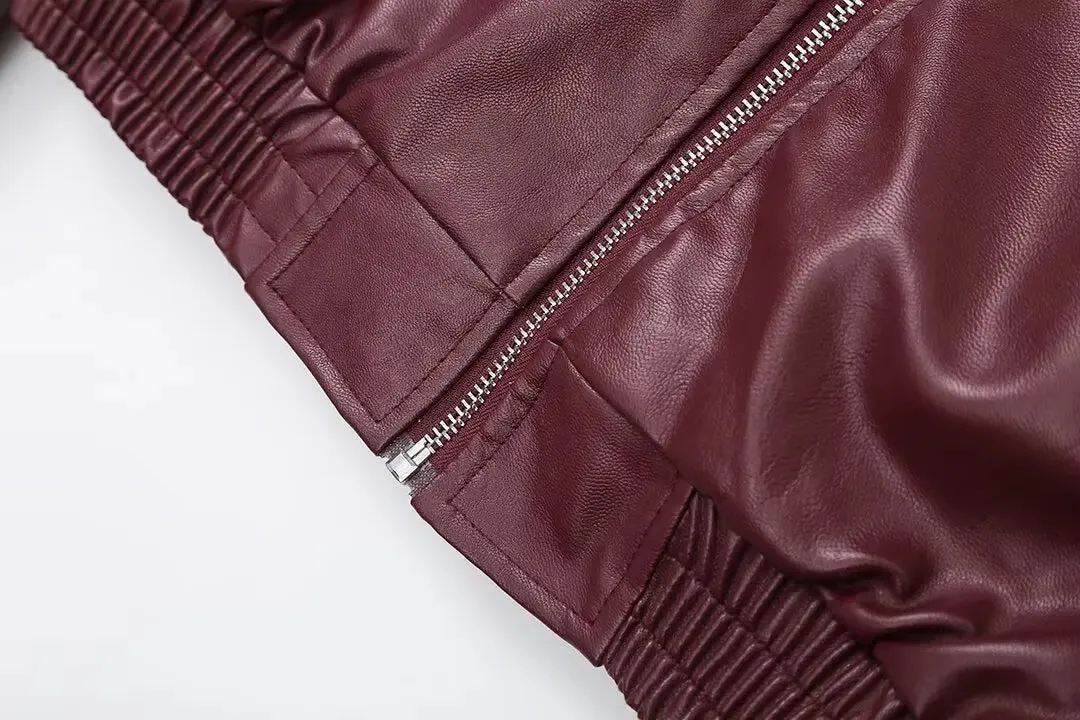 Autumn Woman Leather Jacket Long Sleeves Lapel Loose Zipper Short Bomber Jacket Female Pockets Vintage Women's Coat