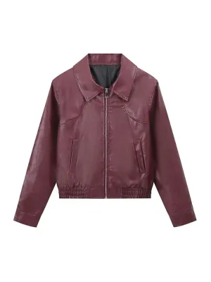 Autumn Woman Leather Jacket Long Sleeves Lapel Loose Zipper Short Bomber Jacket Female Pockets Vintage Women's Coat