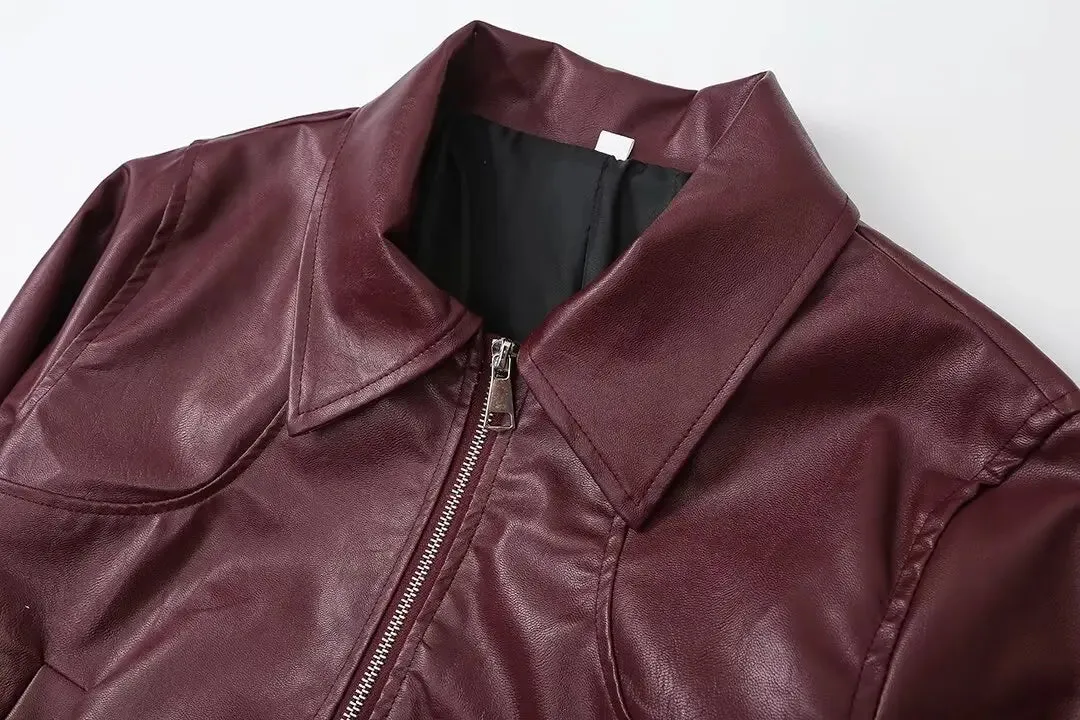 Autumn Woman Leather Jacket Long Sleeves Lapel Loose Zipper Short Bomber Jacket Female Pockets Vintage Women's Coat