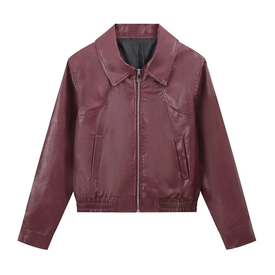 Autumn Woman Leather Jacket Long Sleeves Lapel Loose Zipper Short Bomber Jacket Female Pockets Vintage Women's Coat