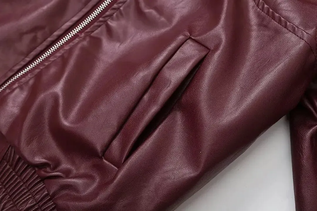 Autumn Woman Leather Jacket Long Sleeves Lapel Loose Zipper Short Bomber Jacket Female Pockets Vintage Women's Coat