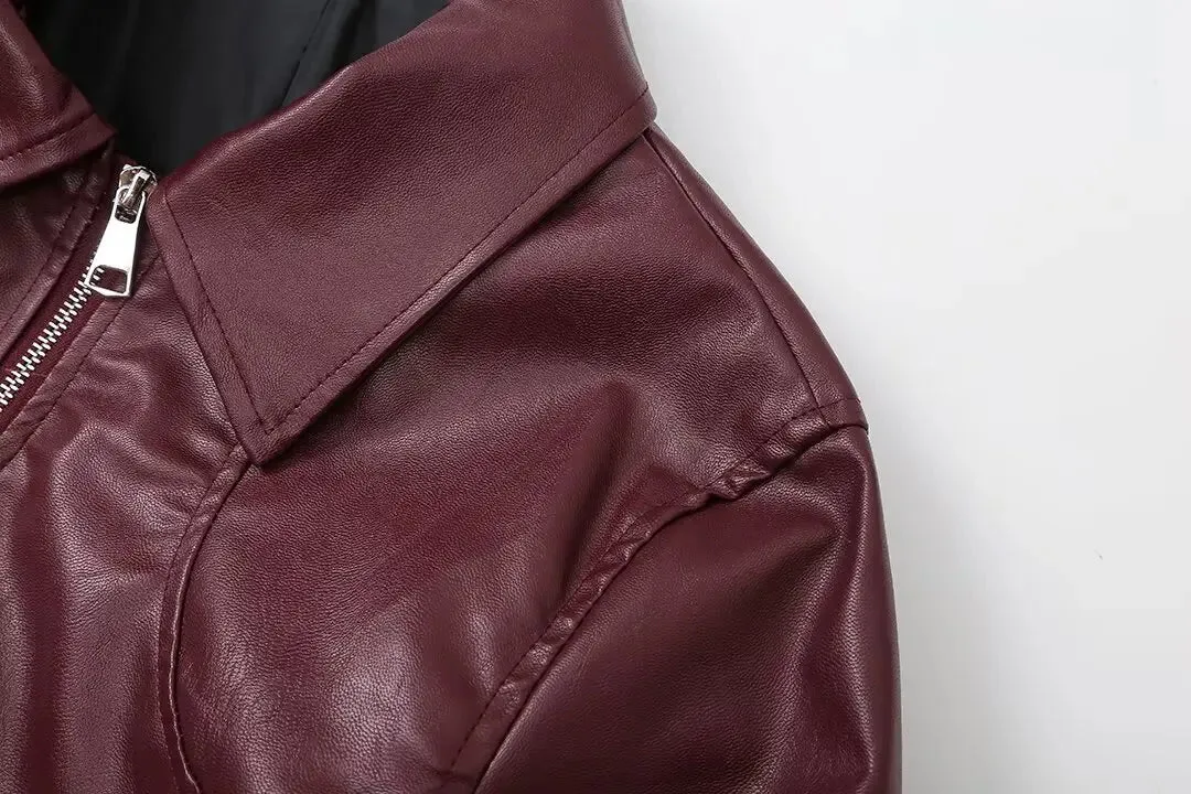 Autumn Woman Leather Jacket Long Sleeves Lapel Loose Zipper Short Bomber Jacket Female Pockets Vintage Women's Coat