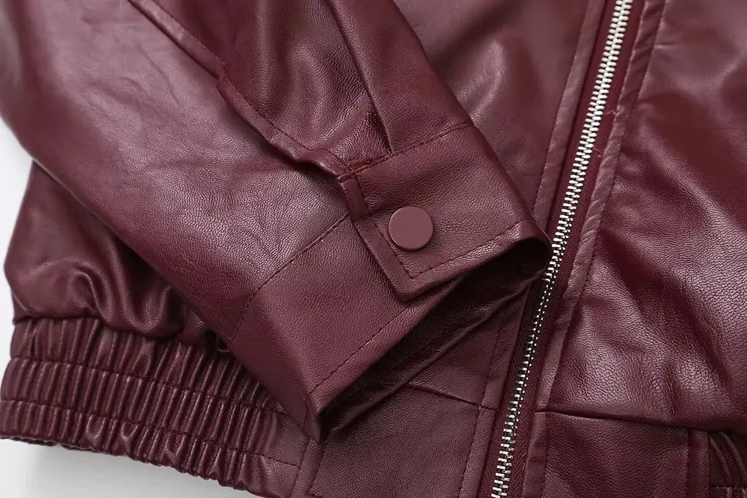 Autumn Woman Leather Jacket Long Sleeves Lapel Loose Zipper Short Bomber Jacket Female Pockets Vintage Women's Coat