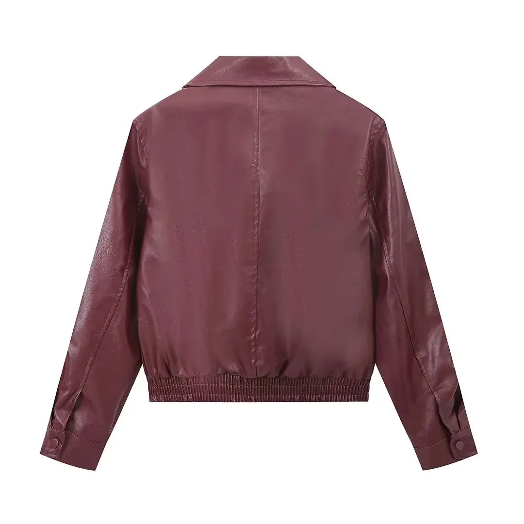 Autumn Woman Leather Jacket Long Sleeves Lapel Loose Zipper Short Bomber Jacket Female Pockets Vintage Women's Coat