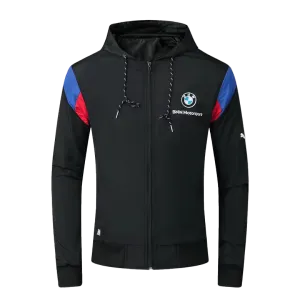 BMW Moto Side Crested Zip Down Hooded Polythene Men's Jacket- Black