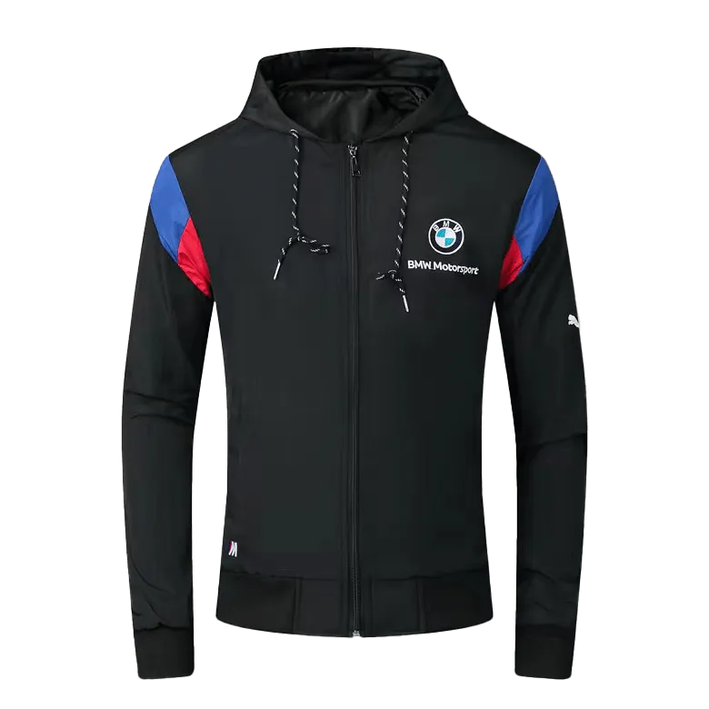 BMW Moto Side Crested Zip Down Hooded Polythene Men's Jacket- Black