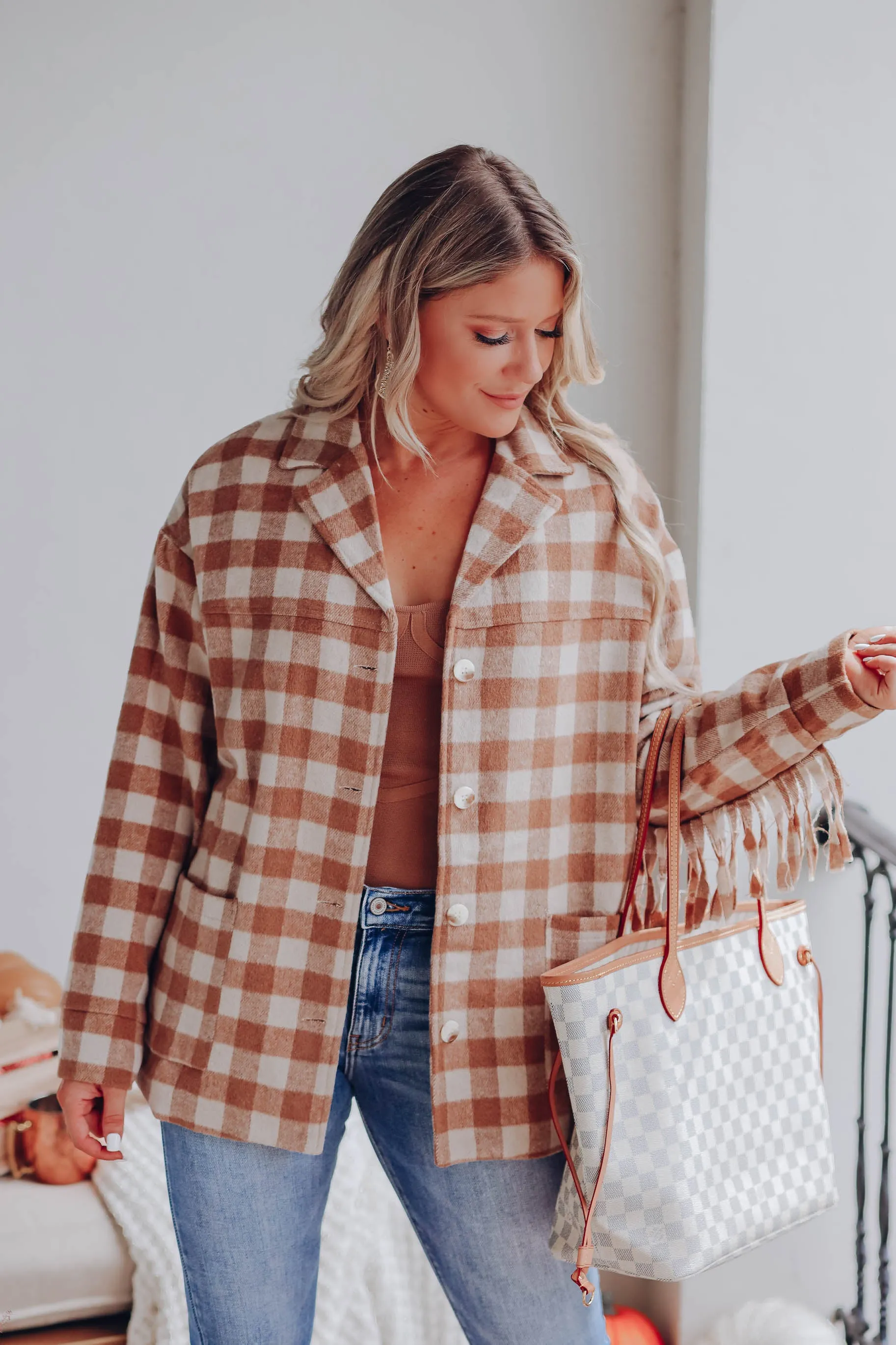 Bruno Plaid Fringe Jacket- Camel