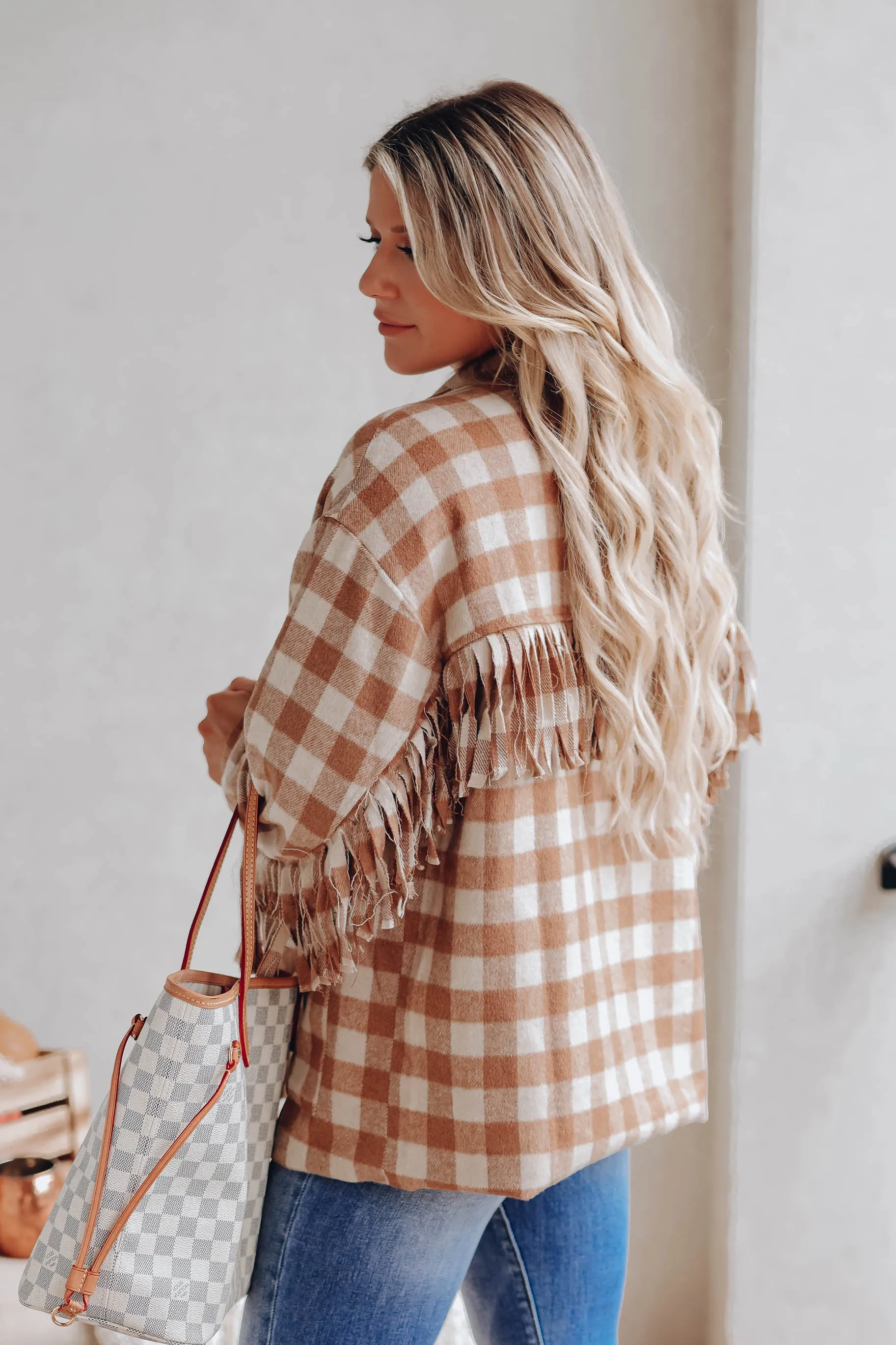 Bruno Plaid Fringe Jacket- Camel