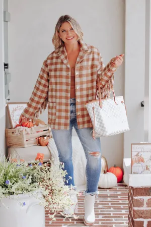 Bruno Plaid Fringe Jacket- Camel