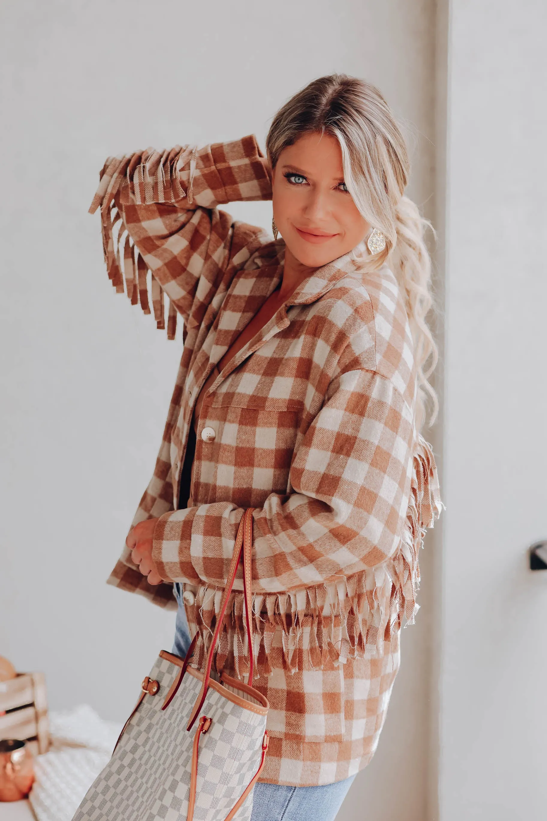Bruno Plaid Fringe Jacket- Camel