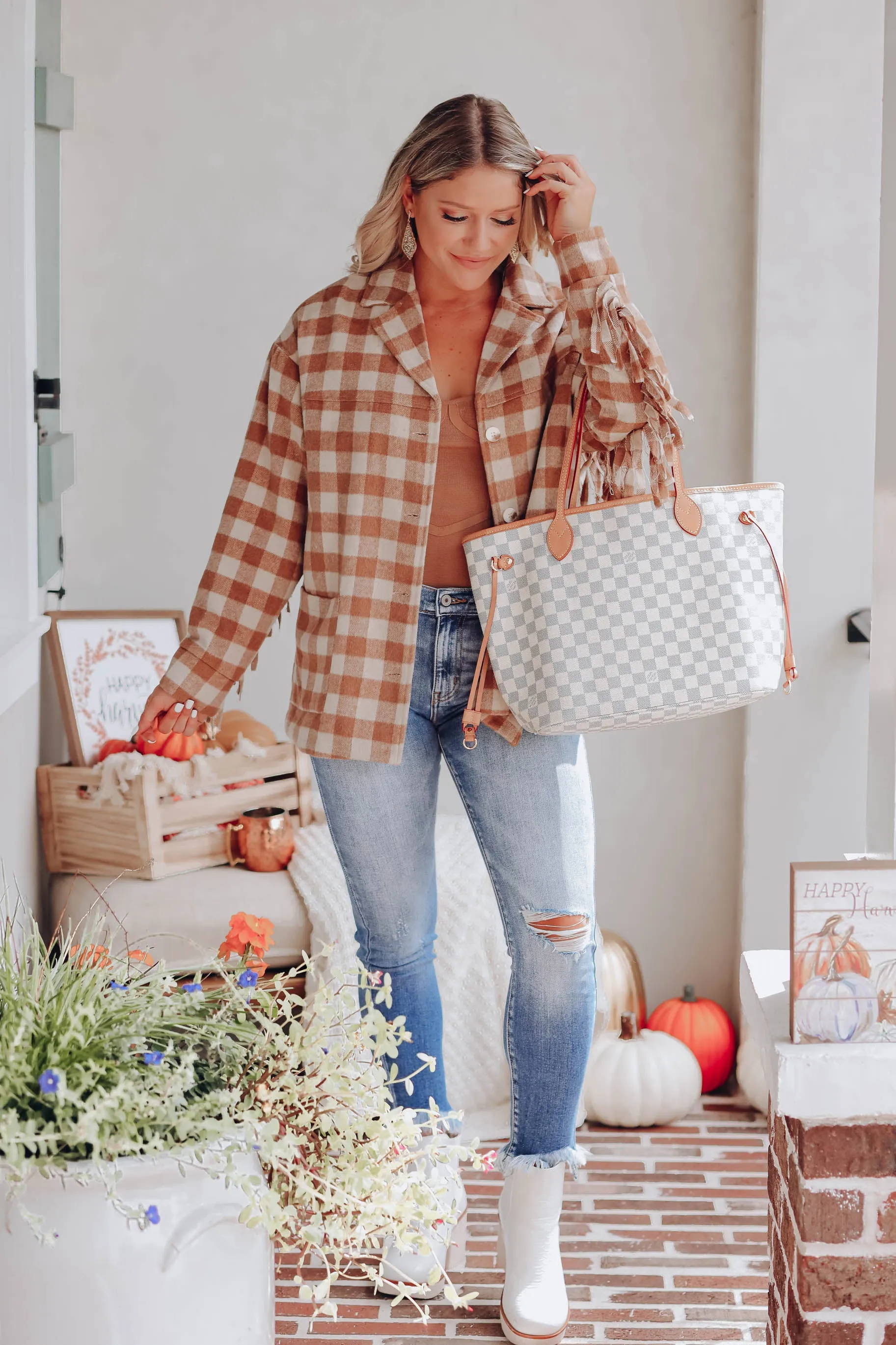 Bruno Plaid Fringe Jacket- Camel