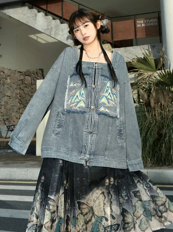 China Jacket Detachable Denim Collar Suit