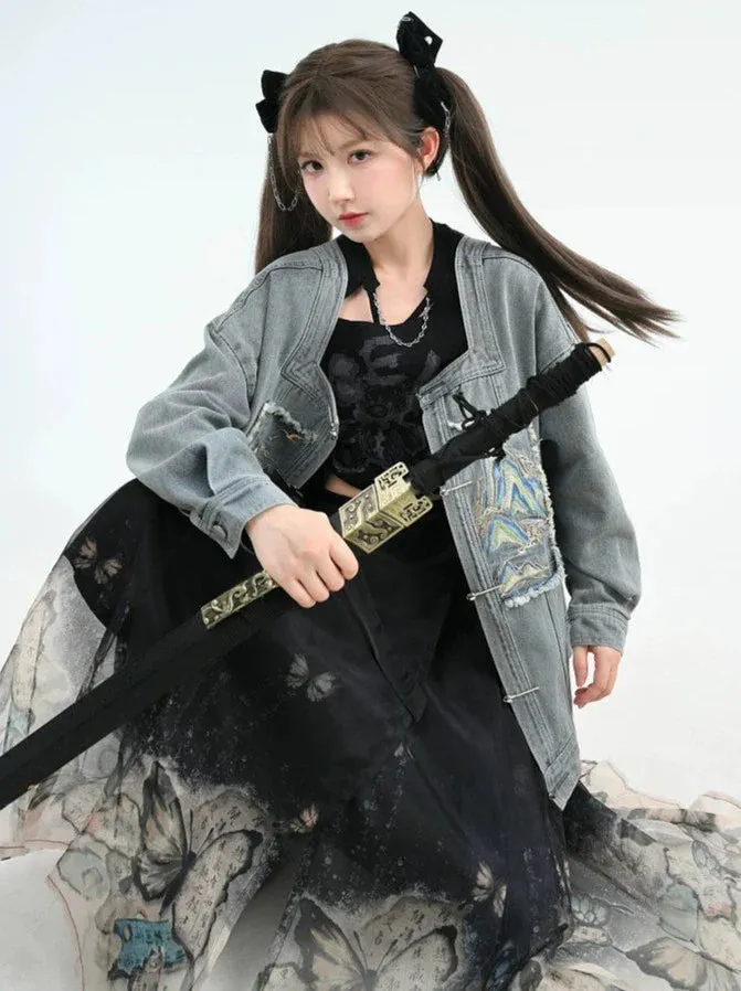 China Jacket Detachable Denim Collar Suit