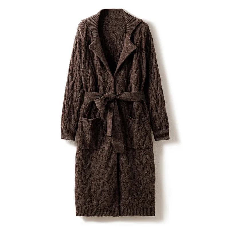 Heavy Thick Lace Style Cable Cardigan Women's Cashmere Jacket Mid-Length Knitted Sweater
