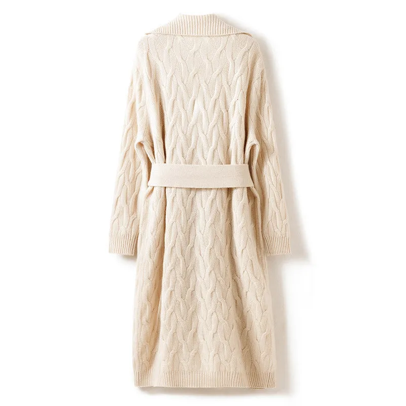 Heavy Thick Lace Style Cable Cardigan Women's Cashmere Jacket Mid-Length Knitted Sweater