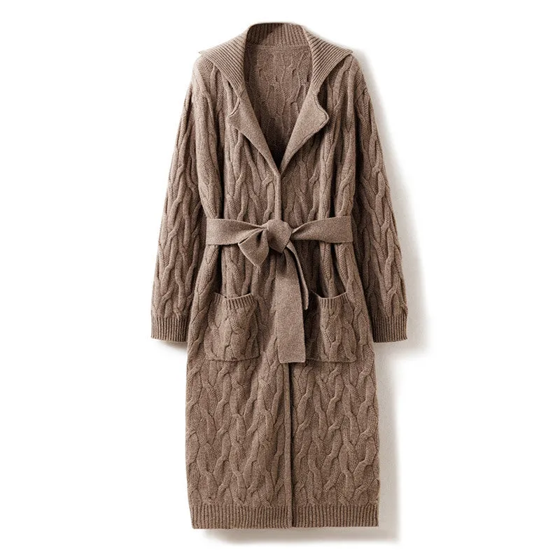 Heavy Thick Lace Style Cable Cardigan Women's Cashmere Jacket Mid-Length Knitted Sweater
