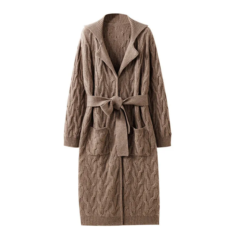Heavy Thick Lace Style Cable Cardigan Women's Cashmere Jacket Mid-Length Knitted Sweater