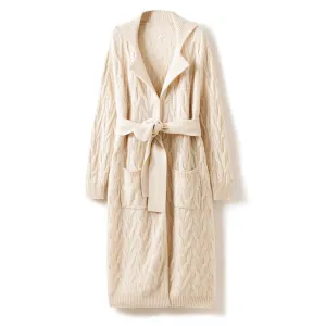 Heavy Thick Lace Style Cable Cardigan Women's Cashmere Jacket Mid-Length Knitted Sweater