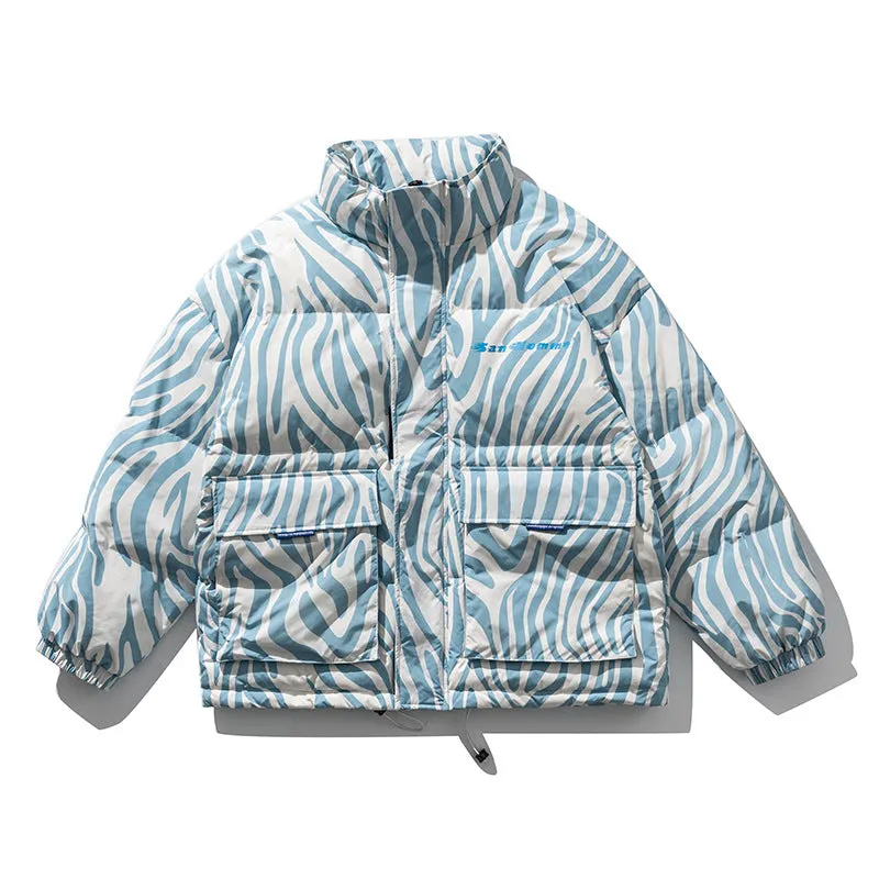 Men's Stand-Collar Down Jacket American Casual Loose Zebra Pattern Thick Coat