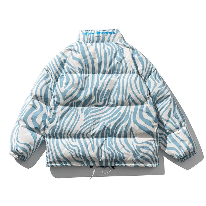 Men's Stand-Collar Down Jacket American Casual Loose Zebra Pattern Thick Coat