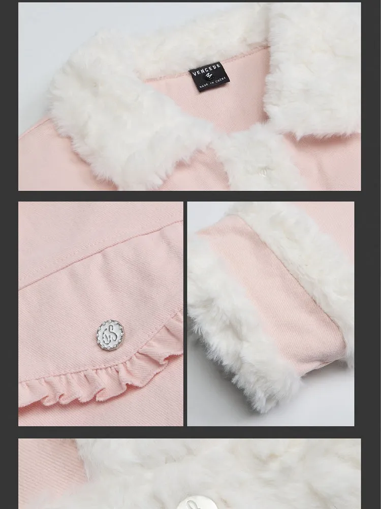 Pink/Camel Polo Collar Plush Trim Thick Jacket