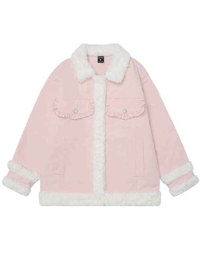 Pink/Camel Polo Collar Plush Trim Thick Jacket