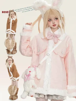 Pink/Camel Polo Collar Plush Trim Thick Jacket