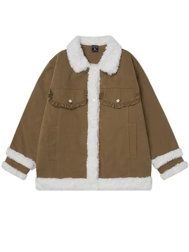 Pink/Camel Polo Collar Plush Trim Thick Jacket