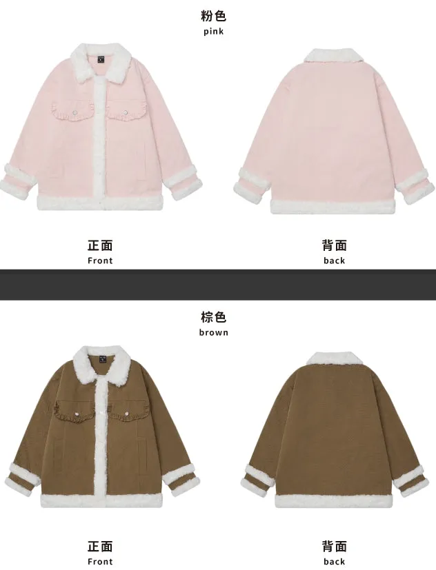 Pink/Camel Polo Collar Plush Trim Thick Jacket