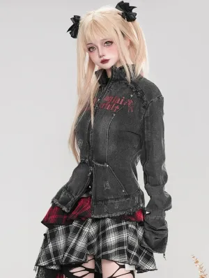 Punk Black Letters Print Distress Trim Slim-fit Denim Jacket