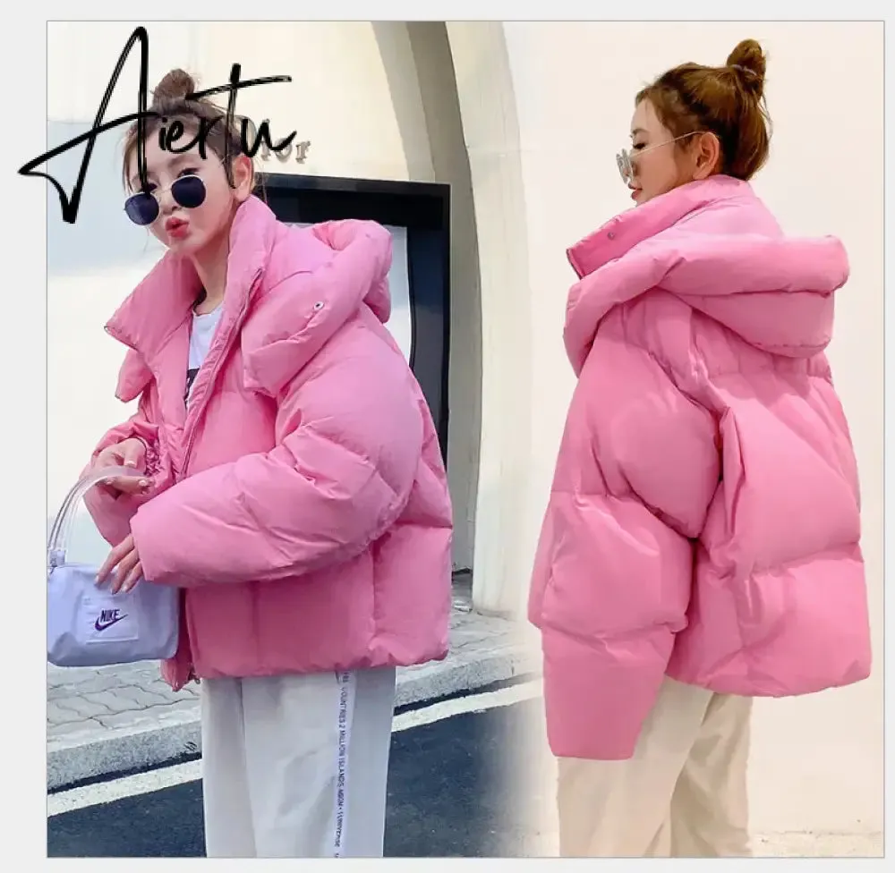 Winter new Korean style fluffy hooded bread down jacket women thick loose short jacket
