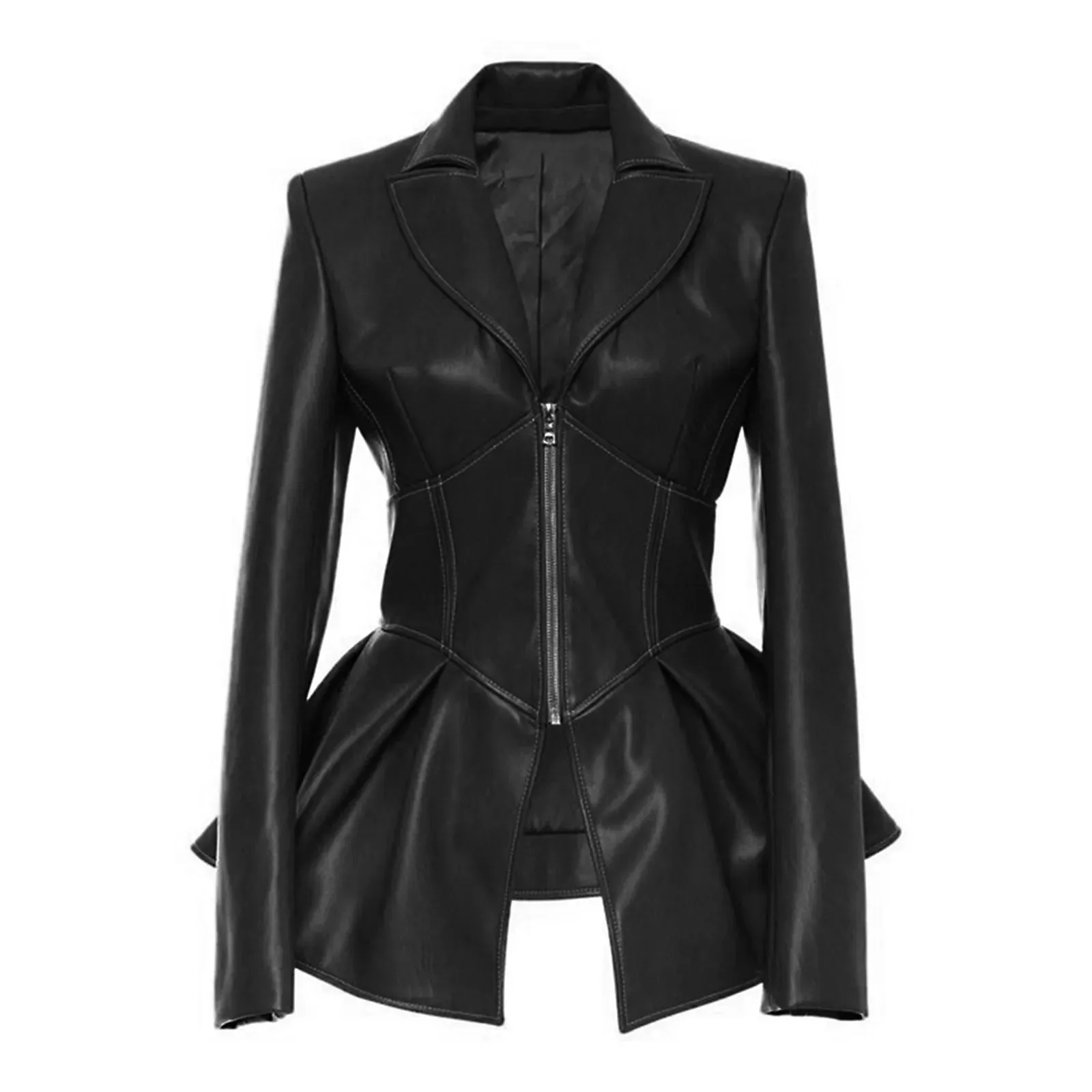 Women's Autumn Jacket New Turn-Down Collar Full Sleeves High Waist Zippers Short Pu Leather Coat Faux Leather Corset Jacket
