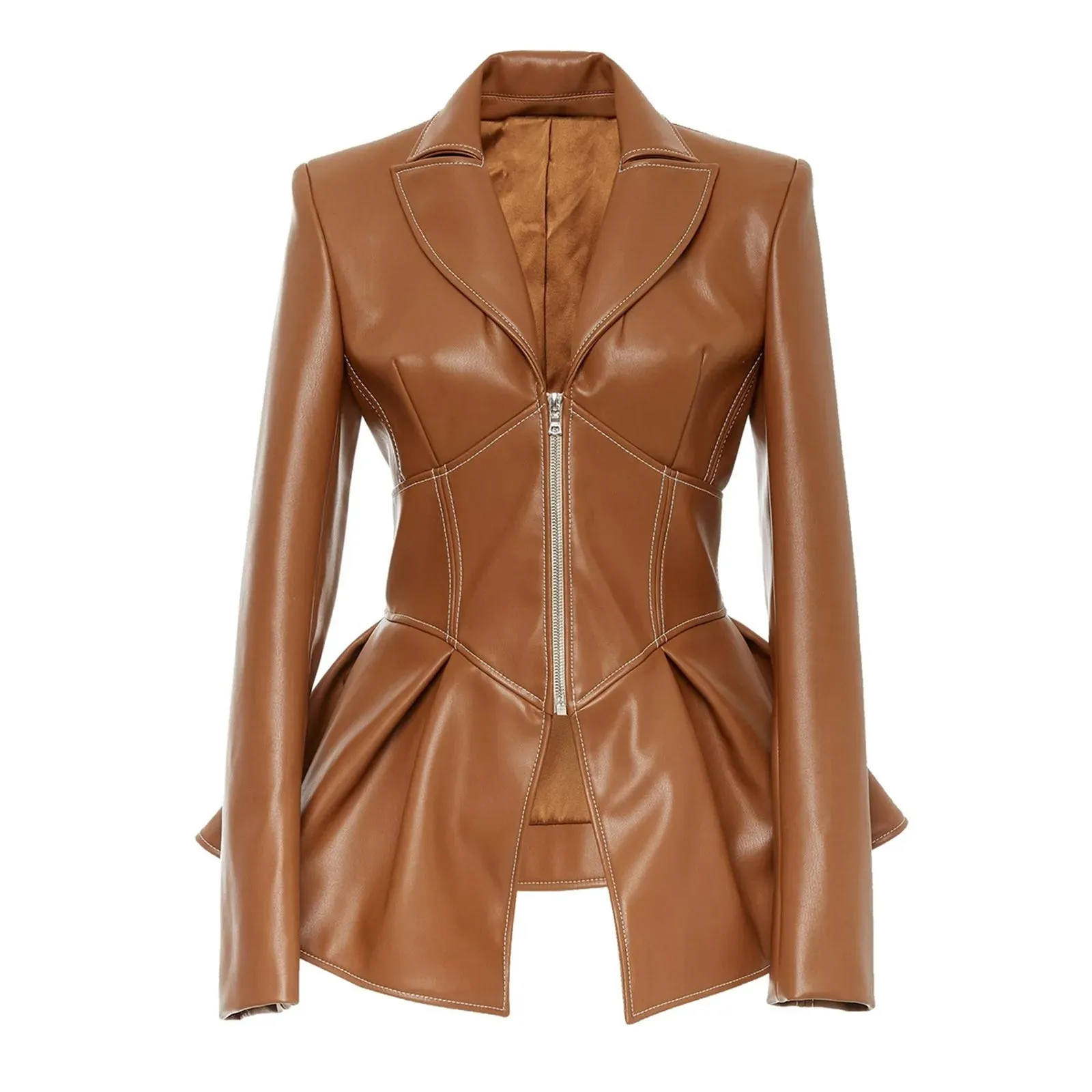 Women's Autumn Jacket New Turn-Down Collar Full Sleeves High Waist Zippers Short Pu Leather Coat Faux Leather Corset Jacket