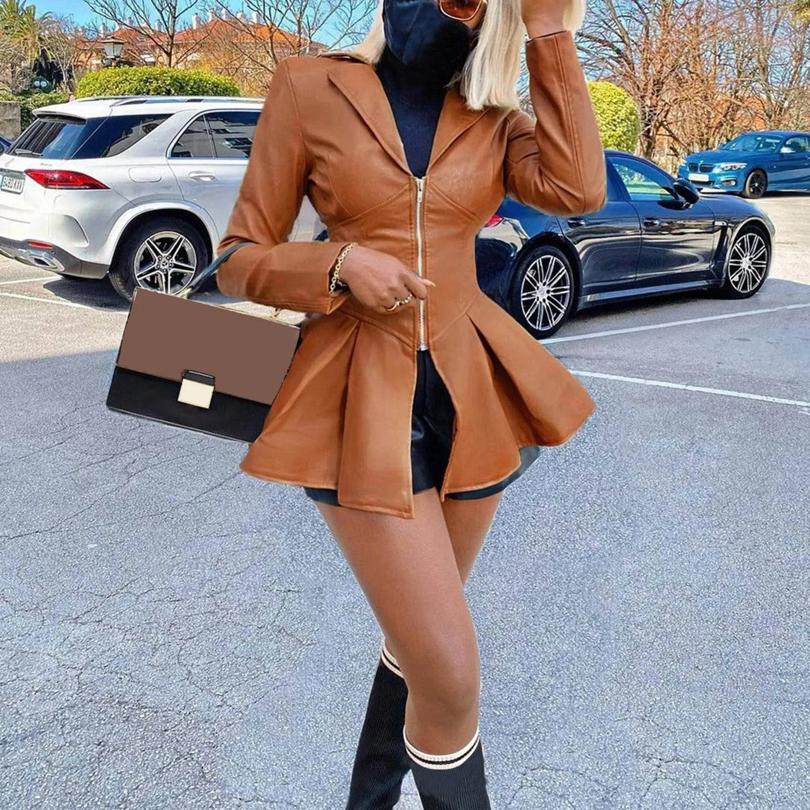 Women's Autumn Jacket New Turn-Down Collar Full Sleeves High Waist Zippers Short Pu Leather Coat Faux Leather Corset Jacket