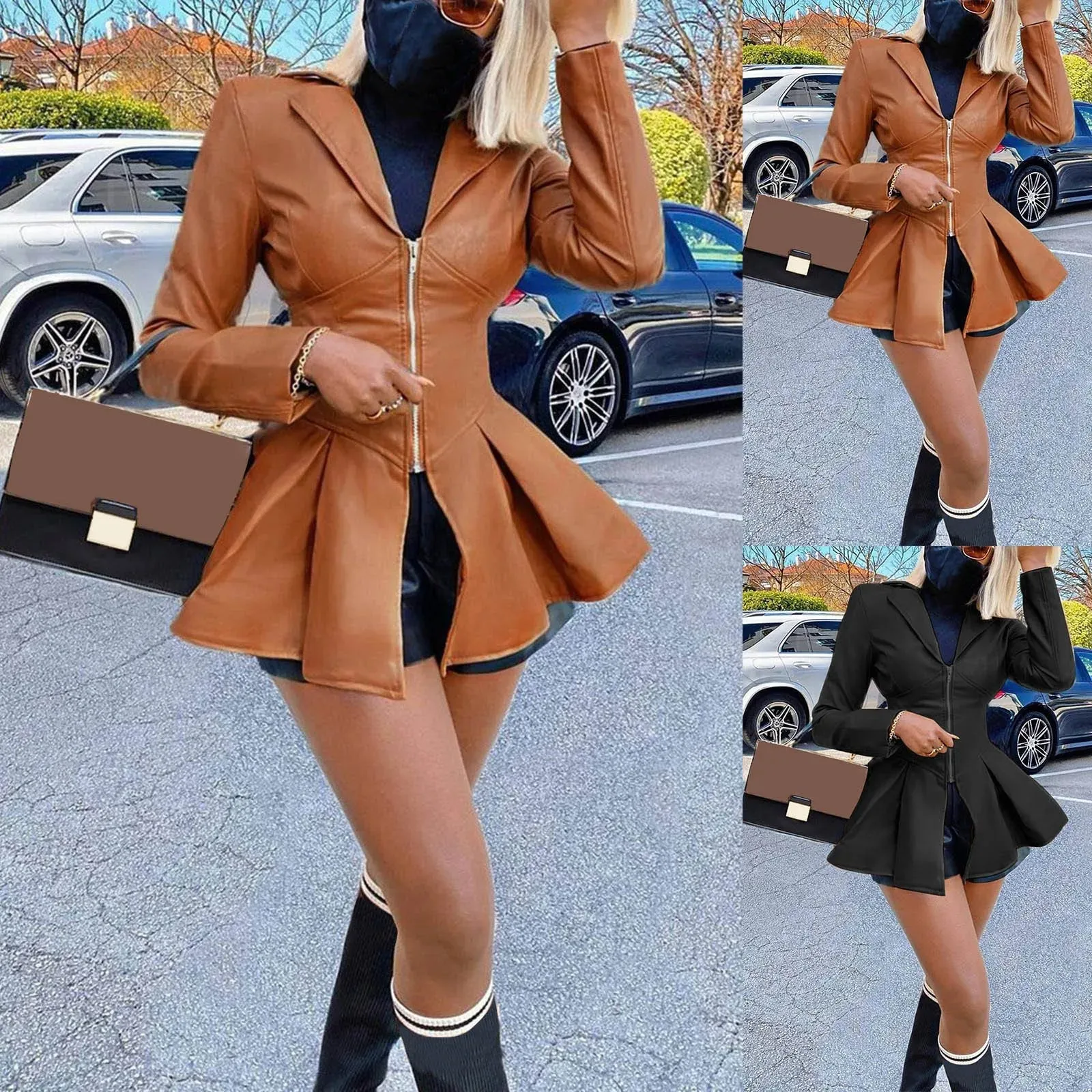 Women's Autumn Jacket New Turn-Down Collar Full Sleeves High Waist Zippers Short Pu Leather Coat Faux Leather Corset Jacket